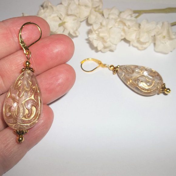 Gold & Clear Statement Earrings Set Teardrop Fashion Accessory Dangly Pair 6241 - Picture 6 of 9